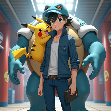 Add a pikachu to the shoulder, Blastoise on the side and replace the background image with a gym