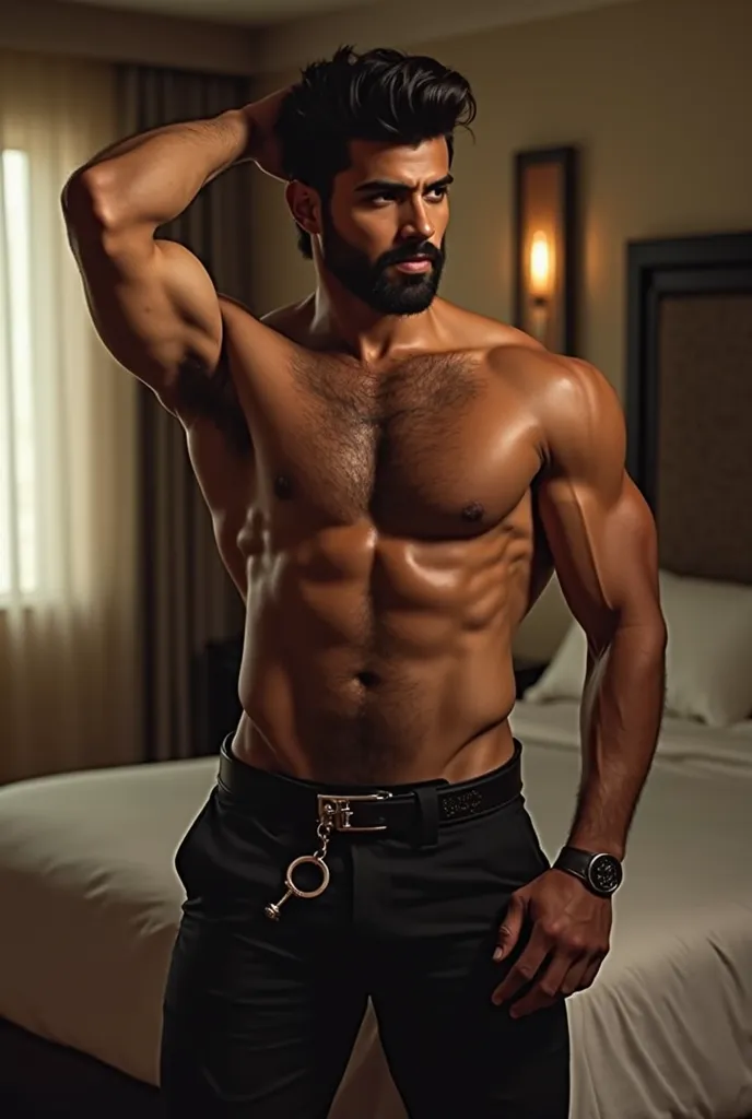 A highly detailed digital painting or 3D render of a muscular, shirtless Indian man with a warm, medium-brown skin tone. His thick, voluminous hair is styled in a modern, slightly wavy look, giving him a confident and charismatic appearance. He has a well-...