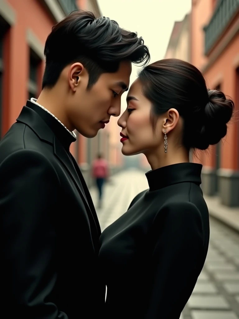 Romantic genre movie poster, a handsome Korean man with a beautiful woman with her back pressed against the opposite and her face facing the camera, dressed in all black old city background with vintage background color, very clear close up photos, titled ...