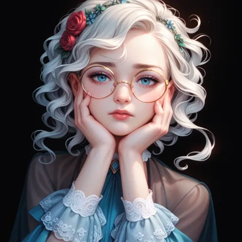 Portrait of a delicate person with silvery-white wavy hair has a sad expression、wearing round glasses and the glass surface is slightly reflected。Hands touch cheeks lightly、showing graceful gestures。The costume has gorgeous and elaborate lace decorations a...