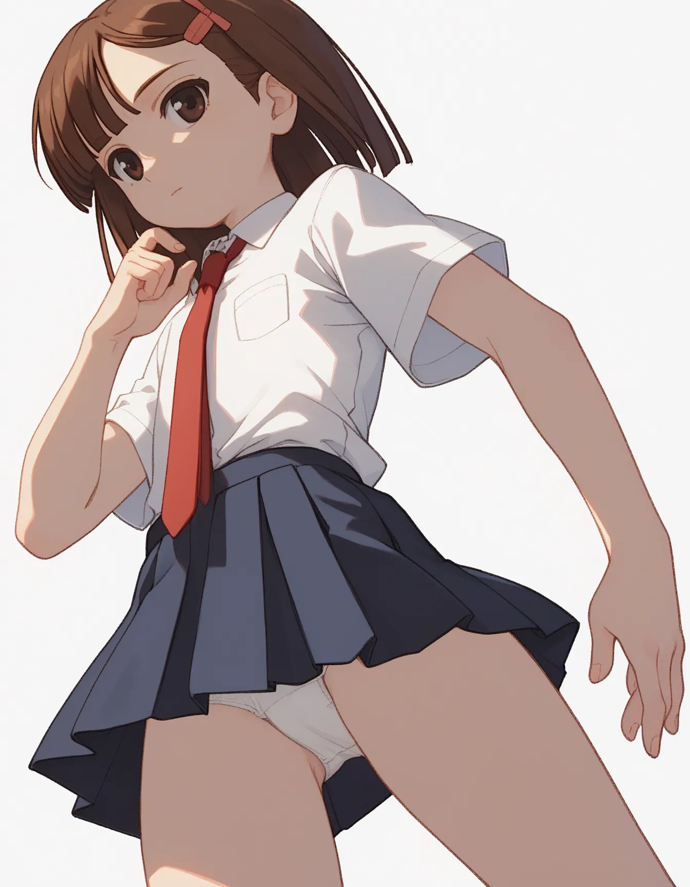 best quality, 
1girl, kinoshita ringo, bob cut, hairclip, flat chest, collared shirtr, red necktie, white shirt, short sleeves, pleated skirt, simple background, white background, 
upskirt, panties