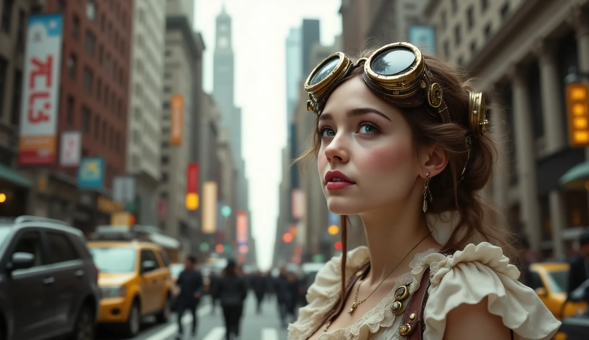 time traveler from the past, and her time machine, cute surprised woman in modern New York street, steampunk time machine and clothes, Emil Melmoth 