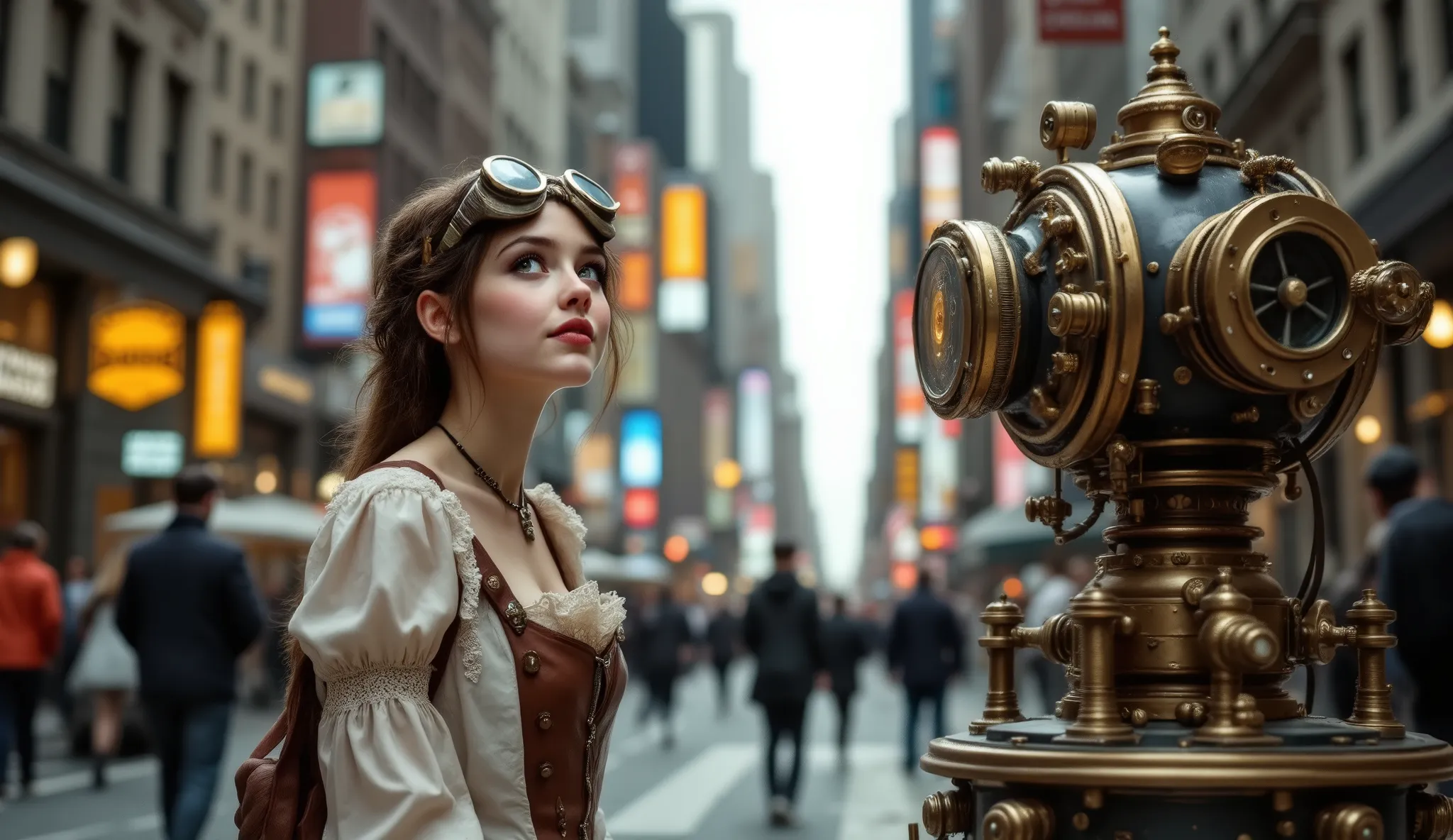 time traveler from the past, and her time machine, cute surprised woman in modern New York street, steampunk time machine and clothes, Emil Melmoth 