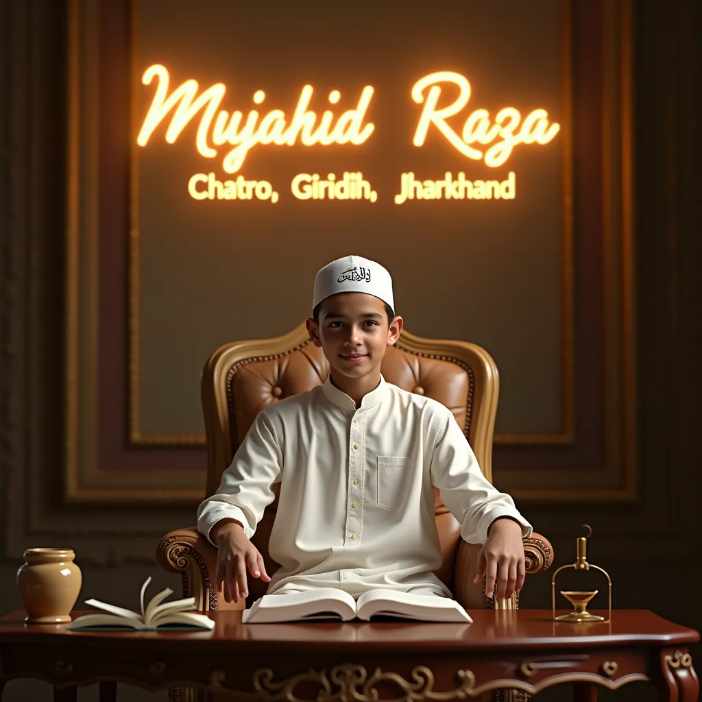 "A realistic and artistic image of an 21 + yearboy sitting gracefully on a beautifully designed, ornate chair. He is dressed in a traditional white kurta-pajama, exuding elegance. On his head, he wears a white cap with the words 'Allah' and 'Mohammed' eleg...