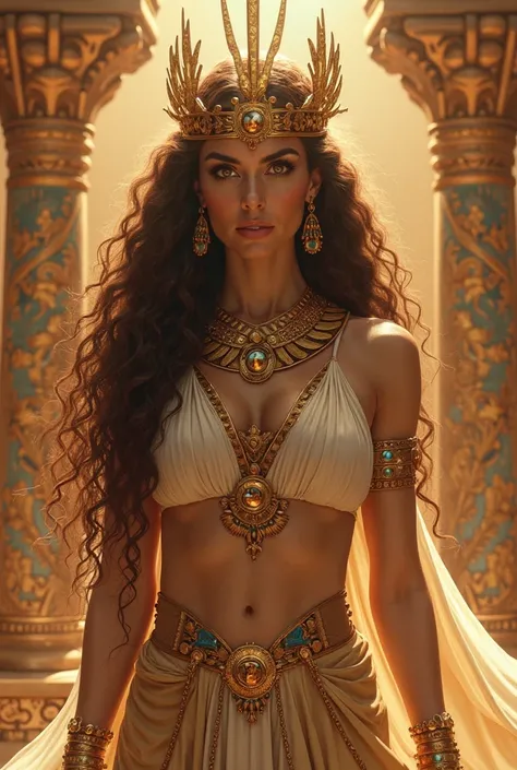 Create Empress of Egypt inspired by Aphrodite, goddess isis, have long curly hair with voluminous curls in the color brown,  white skin, honey eyes, Wearing clothing worthy of a powerful Empress