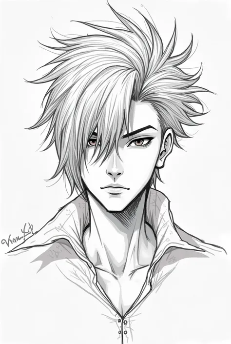 Sketch anime, wolfcut hair, sketch, male