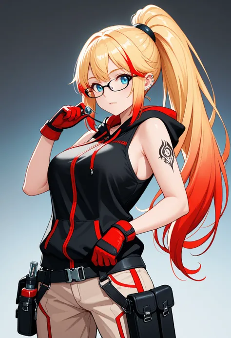 Rapunzel. ponytail blonde hair with red tip, anime girl, cybernetic, Technician, glasses ,Hair: blone with vibrant red tips, styled in a way that reflects a confident and capable personality. The silver-to-red gradient enhances their striking and unique lo...