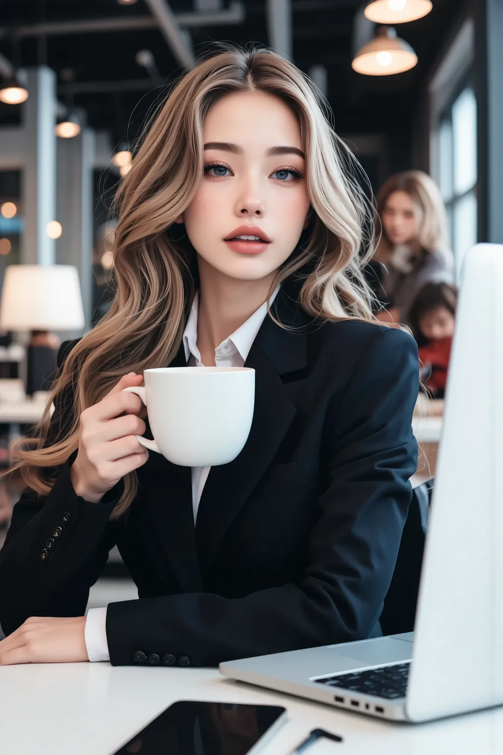 solitary woman, long wavy blonde hair, blue eyes, Wink, secretary, Office, Business suit, a wide seductive smile, elegant, collar, business jacket, neckline, computer, very big breasts, very long eyelashes, Futuristic:0.3, drinking coffee, relaxed, holding...