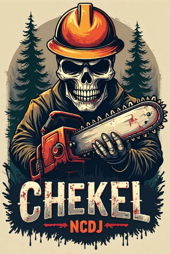 I want a logo of a sawmill with a skull with a chainsaw cutting a pine tree that says Chekel NCDJ