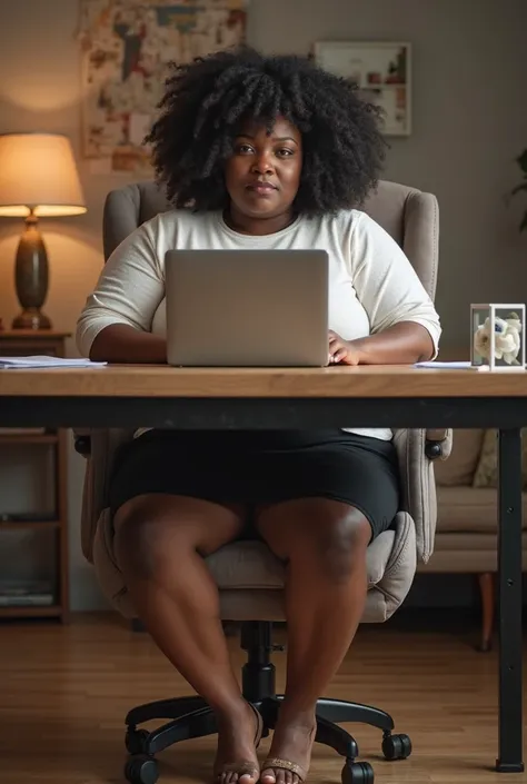 A huge bbw African lady with is sitting in an office setting, sitting at a desk with a laptop open in front of her facing the camera, the lower part of her body is visible from under the table, she’s wearing a black short skirt and a white top, she’s got l...