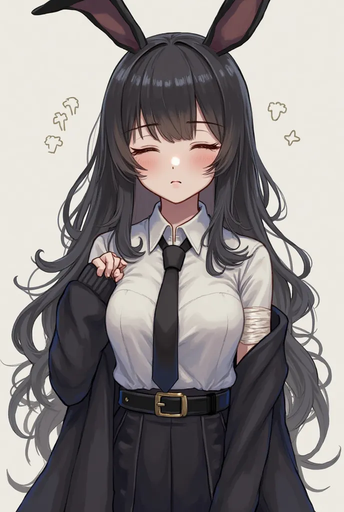 A pretty girl with closed eyes beautiful eyelashes a face as if she were sleeping, with long black rabbit ears, She is a little pale, she has long wavy and layered hair, a white shirt with a black tie and a black sweater with the right arm sleeve raised, o...