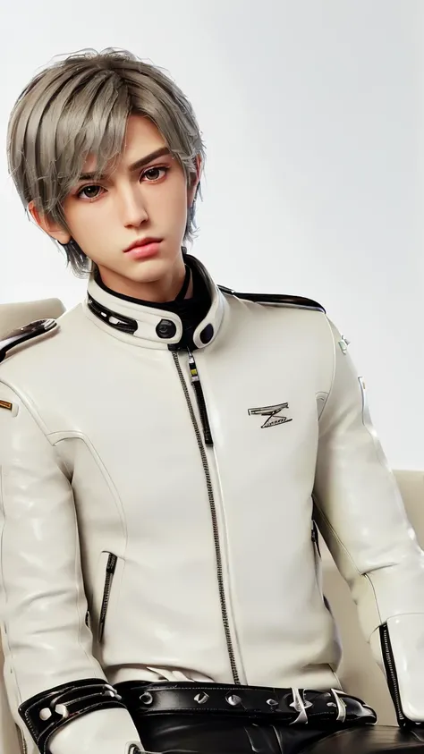 ((Final fantasy taste and reality graphics)), ((Japanese young cute and cool ikemen  boy)), his age is early 20s, thin eyebrows and beady eyes,, (((((boy wearing cream-white color thick leather and single-brest double zipper jacket))))), ,(((((jacket is vo...