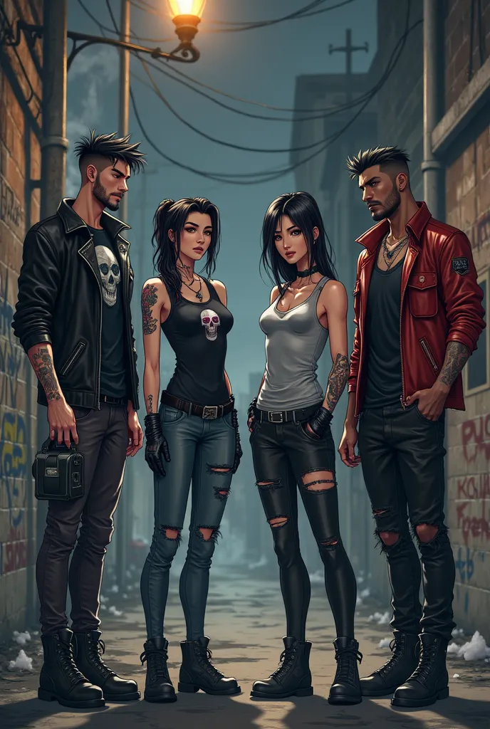 4 anime-style characters,  three men and a woman , with a unique and somber appearance,  standing in a dark alley .

 Maicol  (leader):  24-year-old male, athletic body, } short, messy black hair with red tips, light beard, eyebrow and nose piercing. He we...