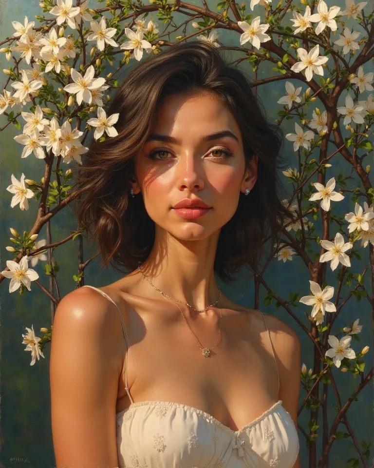 A fine art oil painting of a confident woman with radiant skin, HER BARE BODY standing beneath a trellis covered in blooming jasmine flowers, the evening light casting a soft glow on her serene expression.