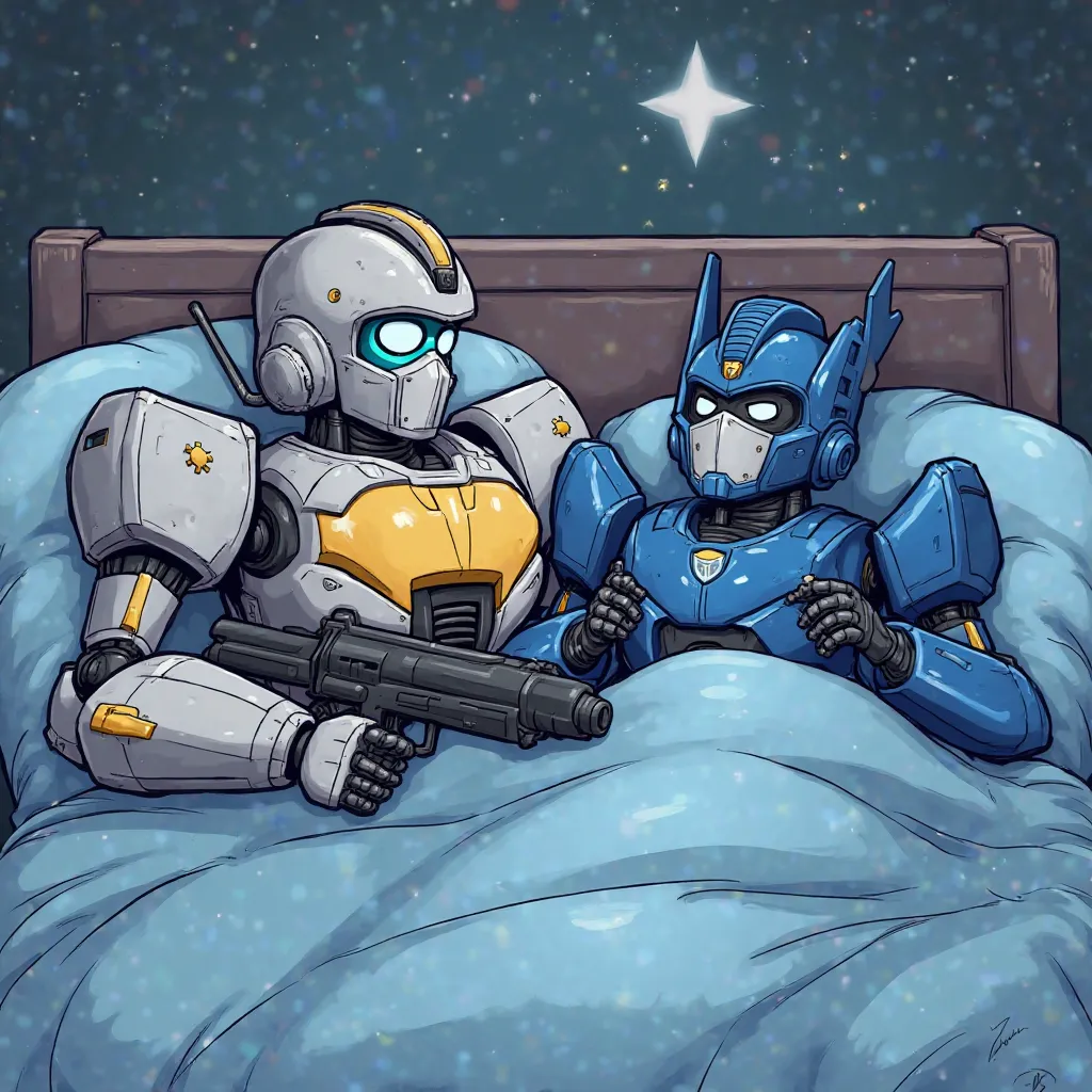 She's a military robot with a gun, white eyes, and gray and gold. She's from the Transformers group. And she's a blue and blue robot with blue eyes. She's from the Transformers group. They're females robots. They're laying in bed. It's 3:30 a.m. The blue r...