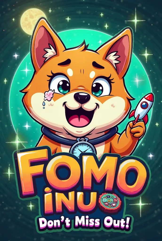 *"A playful and vibrant Shiba Inu dog with wide, excited eyes and a slightly open mouth, sweating nervously to represent FOMO (Fear of Missing Out). The dog is wearing a small clock around its neck and holding a tiny rocket in its paw. The background is ne...