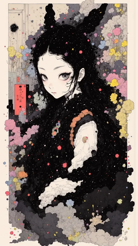  A black and white portrait of a mysterious figure ， fine fit ，With a touch of half-tone ，Create an old Japanese colorful ink painting from Yinichi（sumi-e）middle，典雅、 Natural brushstrokes penetrate deep into the texture space 。 Precise halftone treatments a...