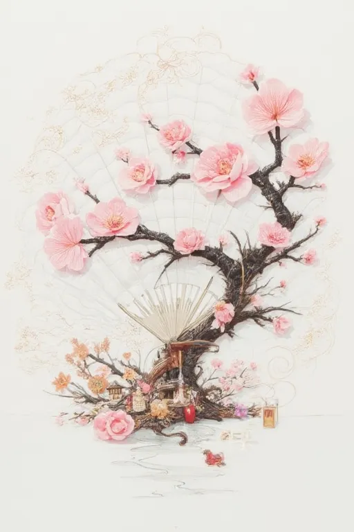 Design a sketch of a tattoo: Japanese Fan with a cherry blossom branch design, cute trinkets at the bottom of the fan