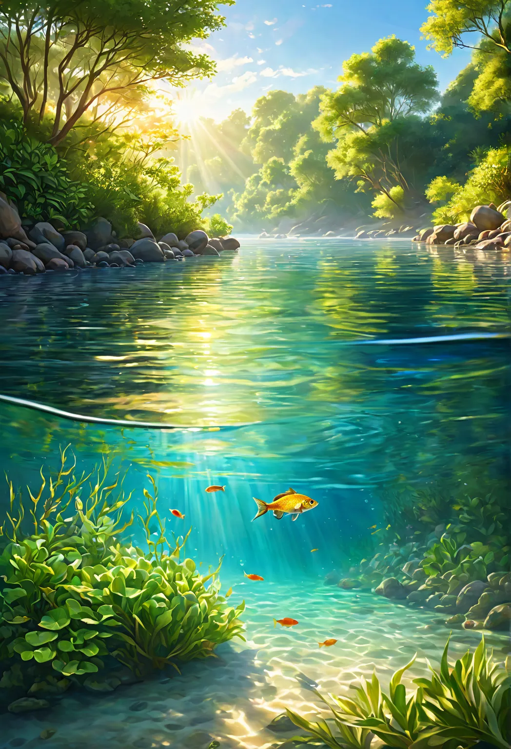 a photorealistic scene of a river with fresh clean water, a characteristic seawater fish swimming underwater