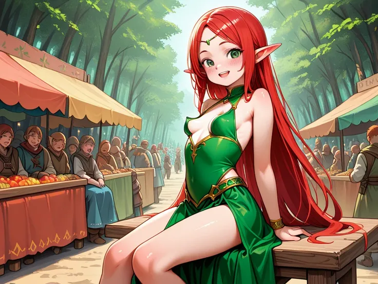  Loli ,elf girl, small breasts, medium breasts,  perky breasts, green eyes, very long hair, red hair, looking at viewer, blush, ,happy,  fantasy, green fantasy dress, forest, sunny day , sitting on table, market place in background, crowded place, people i...