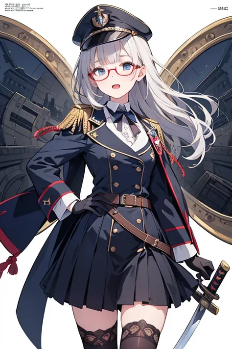 (from below:1.2, best quality ), girl , Platinum color hair military uniform , The dreamer wants purplish blue eyes ,(small breasts:1.0), Lori will do it, (masterpiece:1.2, best quality ), (Beautiful detailed depiction : 1.2), ( beautiful detailed face ), ...