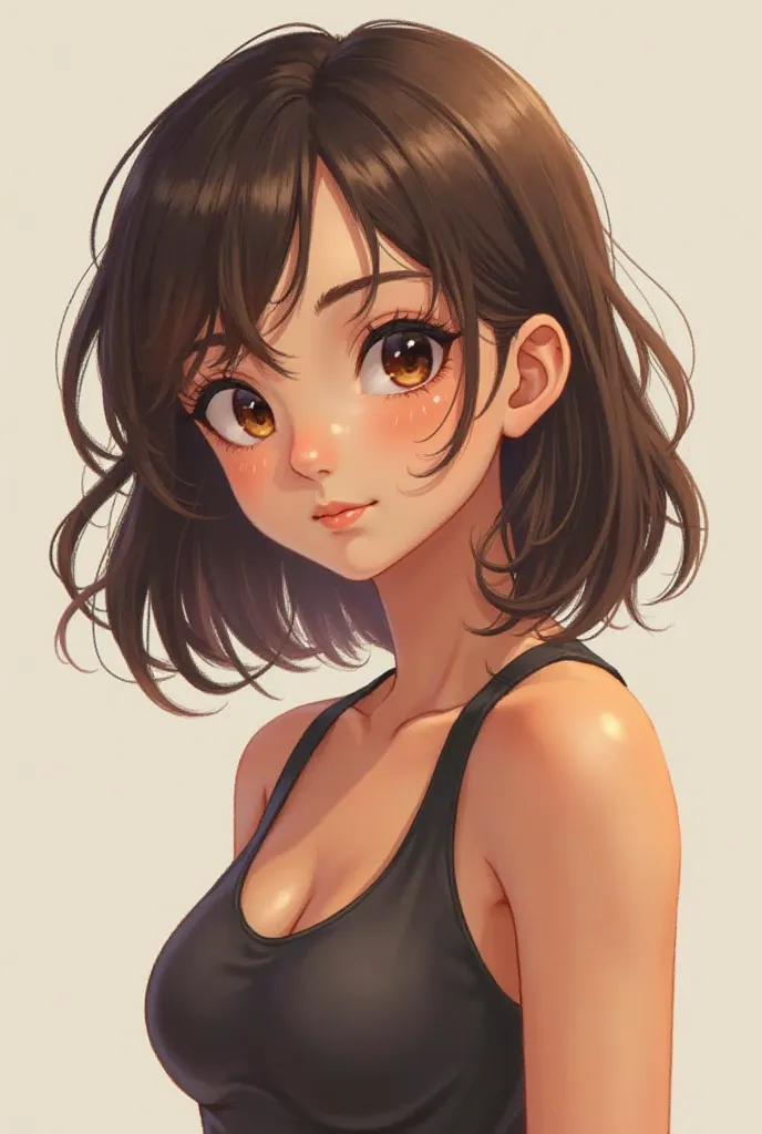 Girl with medium-dark brown hair with dark brown eyes light brown skin body by Ochaco Uraraka from My Hero Academy with medium hair  