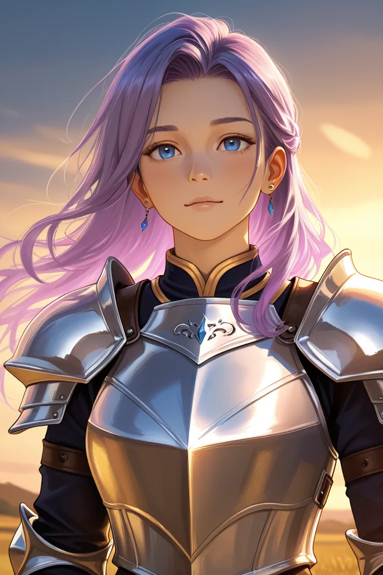 anime MAN with a beautiful face, blue eyes and purple hair with knight armor