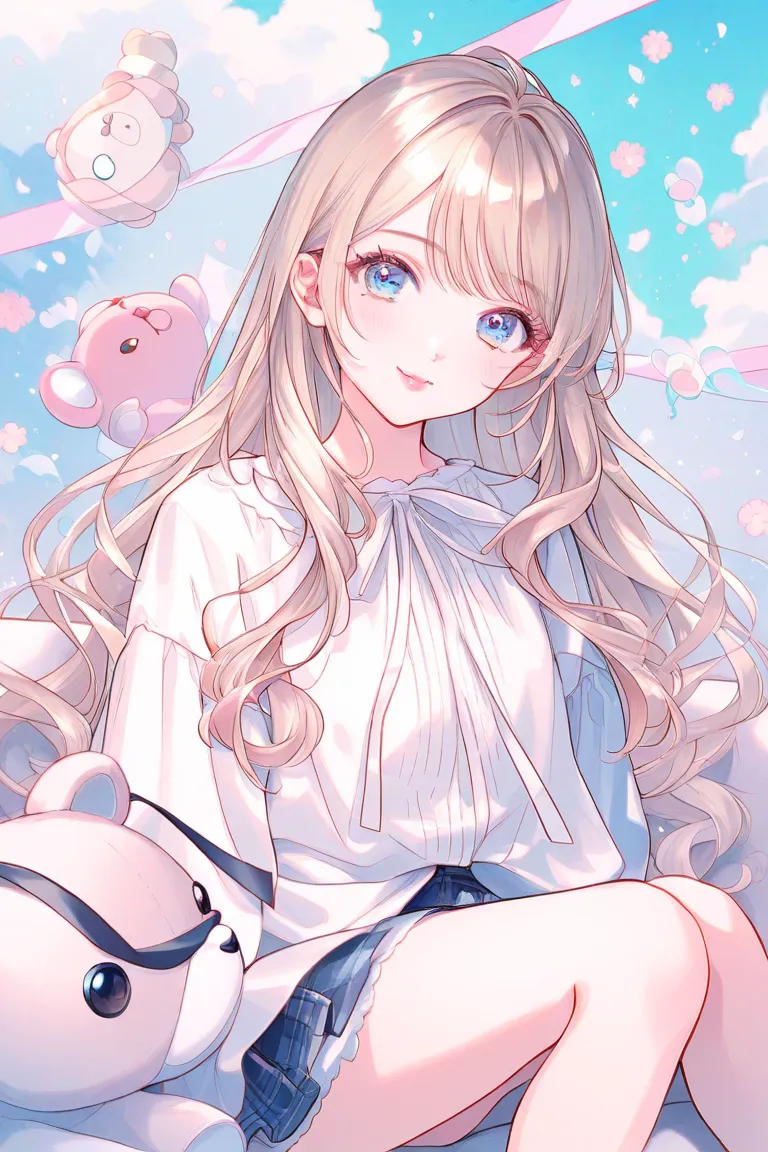 Cute girl、pastel colors、 white、watercolor、1 girl、 cute face 、 cute、Half Body、ribbons、sit on the sofa、teddy bear、beige hair、 bronze gradient hair、Blue Eyes、droopy eyes、eyelash、oversized white blouse、skirt、smile、pink cheeks、small lips、pink lips、 from afar、Mo...