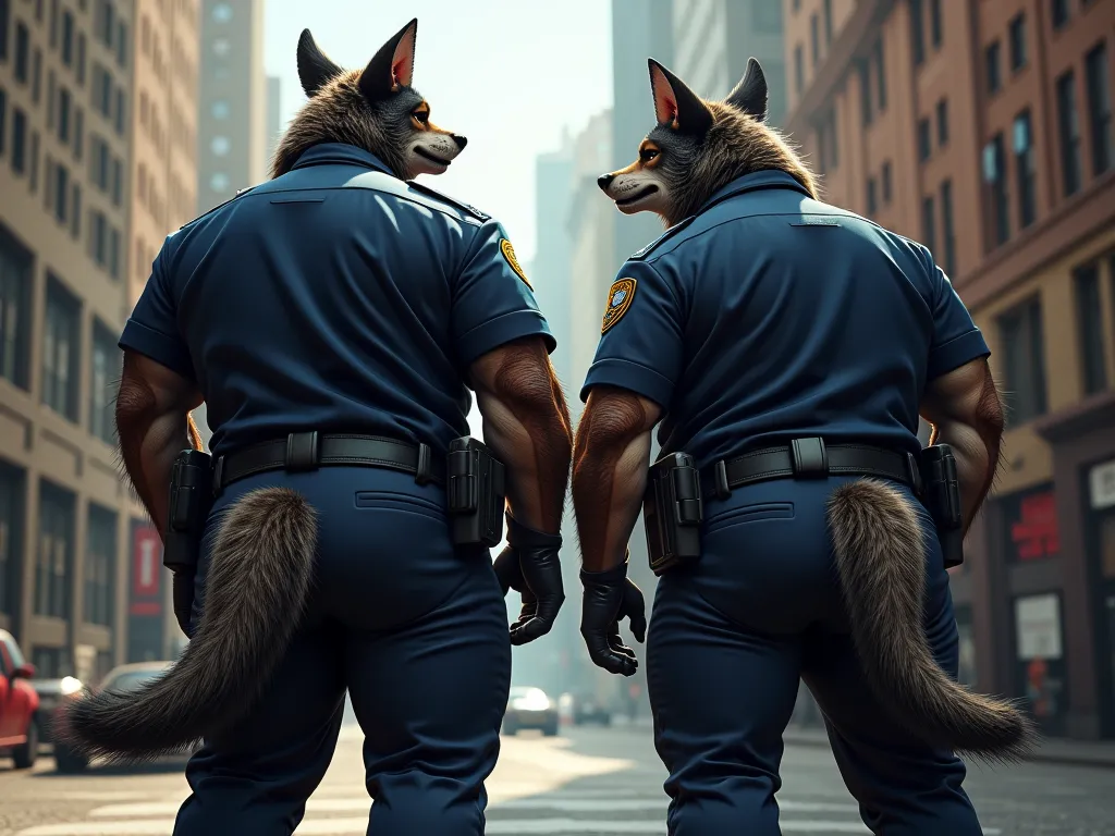 Two fat werewolf male police officers in uniform, with massive butts, tight pants,  curvy butts, and very overweight