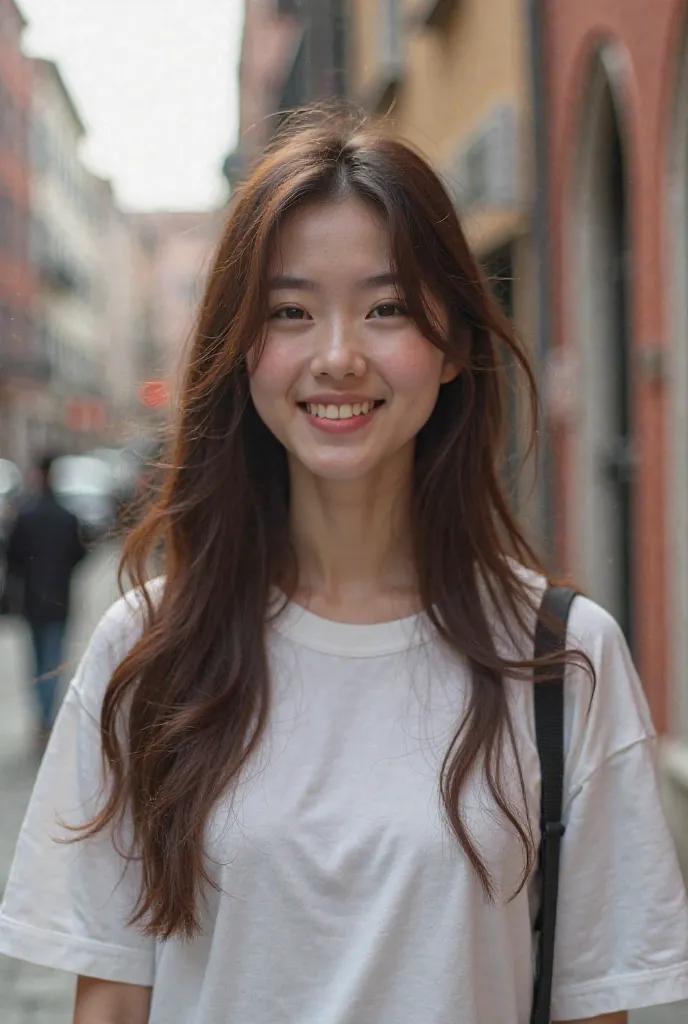 Korean long brown hair college girl, Venice, white t-shirt, city street, ultra-detailed, (realistic:1.3), (high quality:1.5), (sharp focus:1.4), photorealistic, DSLR, cinematic lighting, high resolution, depth of field
