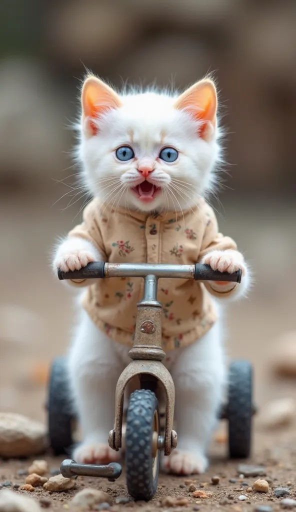 The image is a photograph of a small kitten sitting on a tricycle. The kitten is white with orange ears and blue eyes. It is wearing a beige shirt with a floral pattern and white pants. The tricycle is made of metal and has two wheels. The background is bl...