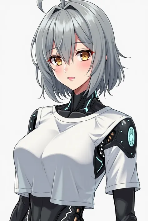 Style Anime : A robot woman with brown eyes and a gray mullet hair cut he has a white T-shirt and the background is white 