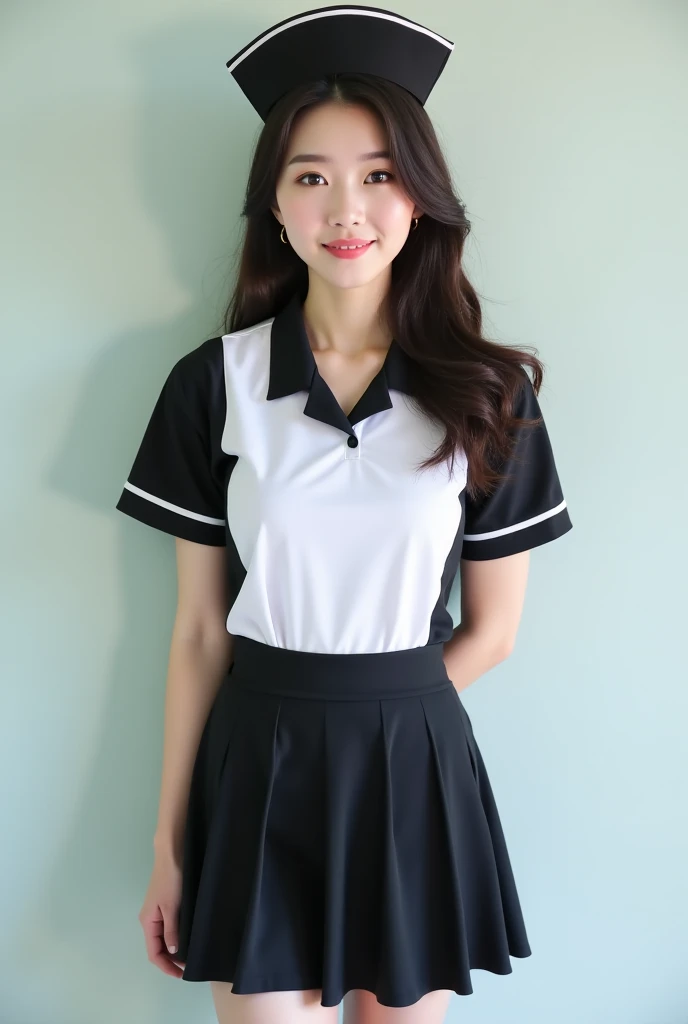 Cute 18 year old korean high school girl 、 very cute face、Very fair skin、Pear-shaped  body type, photograph、Actual item、Super tight, F Cup，Sexy，fashionable，Cold，  on t ， Hips, black/white nurse uniform，cleavage, transparent