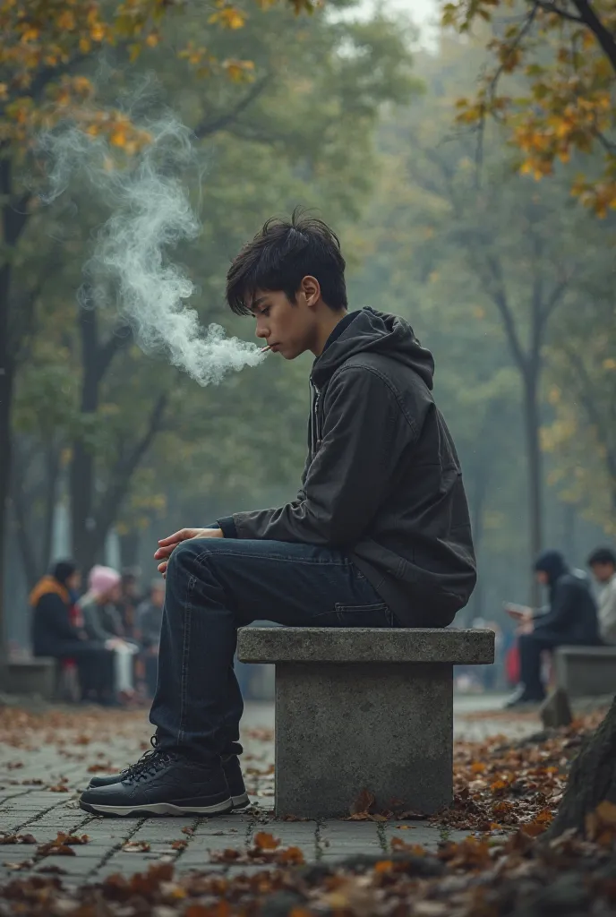 A 20 years boy setting on cement desk in park and smoking boy feel like he is mental foe a giral someone  and people also setting arround 