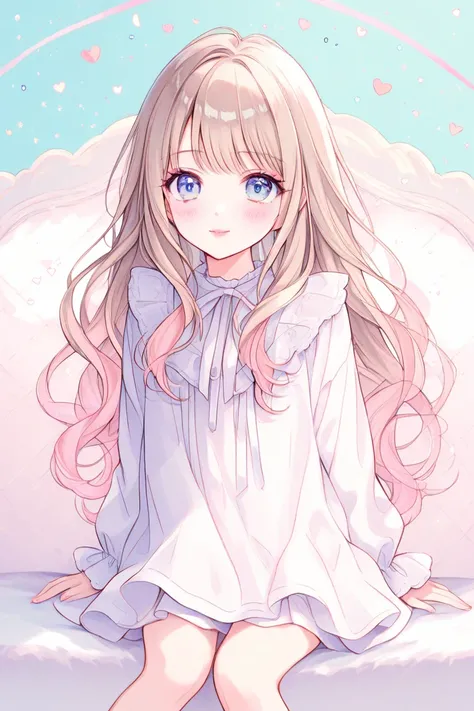 Cute girl、pastel colors、 white、watercolor、1 girl、 cute face 、 cute、Half Body、ribbons、sit on the sofa、 heart、beige hair、 bronze gradient hair、Blue Eyes、droopy eyes、eyelash、oversized white blouse、skirt、smile、pink cheeks、small lips、pink lips、 from afar、Mole