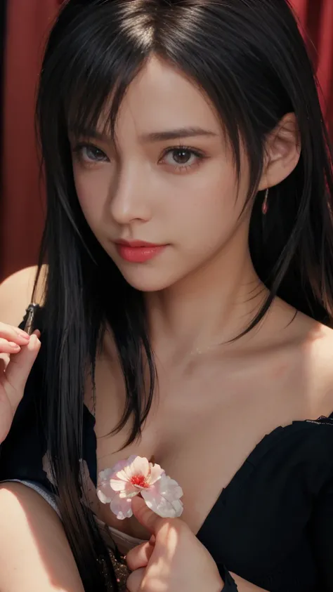 Tifa Lockhart, (best quality, Ultra-detailed), (realistic:1.37), beautiful and detailed face, Ultra-realistic texture, Delicate face, Red lipstick, long-lasting colors. high definition, 8k. expression with a slight cute smile
