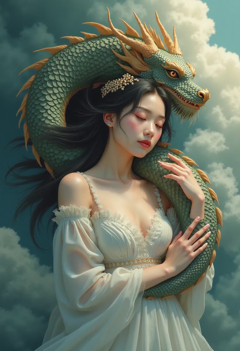 Painting of a sleeping woman with a dragon on her back, the dragon girl portrait, dragon girl, a beautiful artwork illustration, Loish e Ross Tran, Fantasia chinesa, belas fotos avatar, Art not Guweiz style, trending on artstration, estilo de arte de fanta...