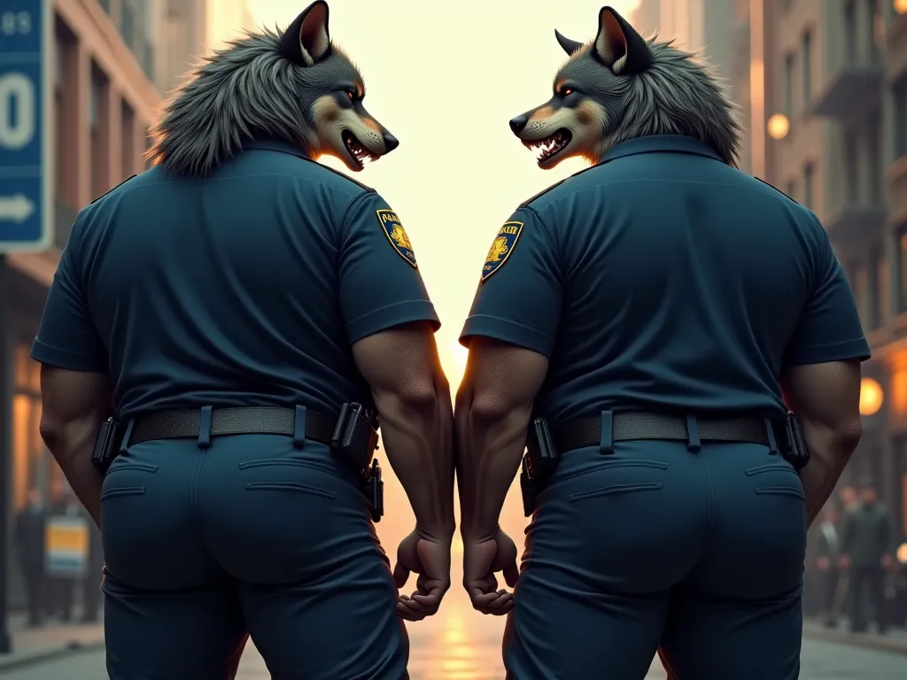 Two fat werewolf male police officers in uniform, with massive butts, tight pants,  curvy butts, and very overweight