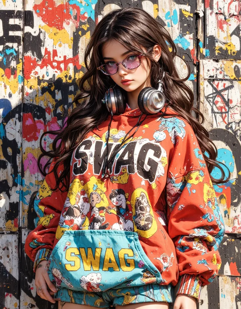 "A captivating and ultra-realistic-style portrait of a trendy Russian women. She stands confidently against a graffiti-covered wall, wearing a vibrant, eye-catching hoodie adorned with cartoon-themed designs and the bold text 'Swag.' Her stylish eyeglasses...