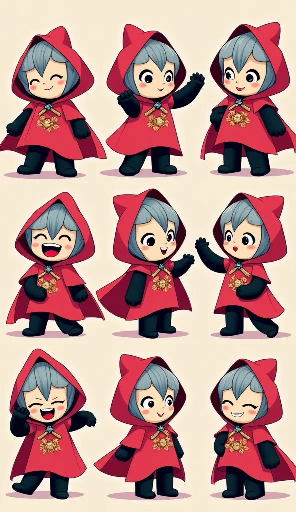 Create 30 unique cartoon images of Little Red Riding Hood, each with its own unique mood and pose, arranged as a collage on a single page, using vibrant tones of dark pink, light pink, and black, and a texture similar to shiny skin, with no background, alo...