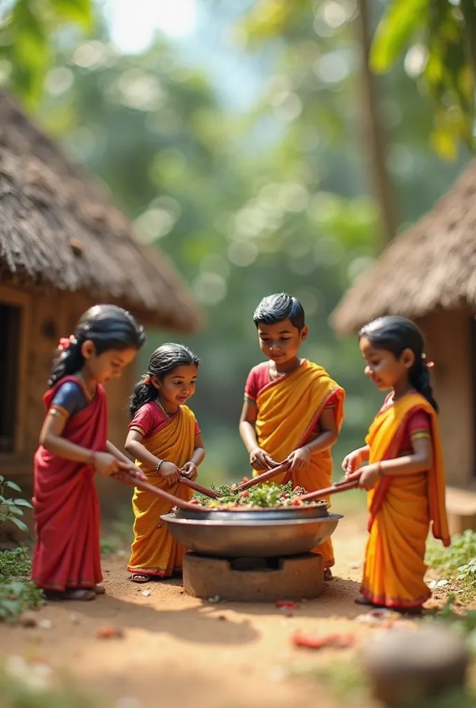 In a beautiful village people cooking together ( men and women ) in traditional south indian village telugu people setup mini people i need this in miniature setup closeup cartoon face ( group of people cooking miniature )