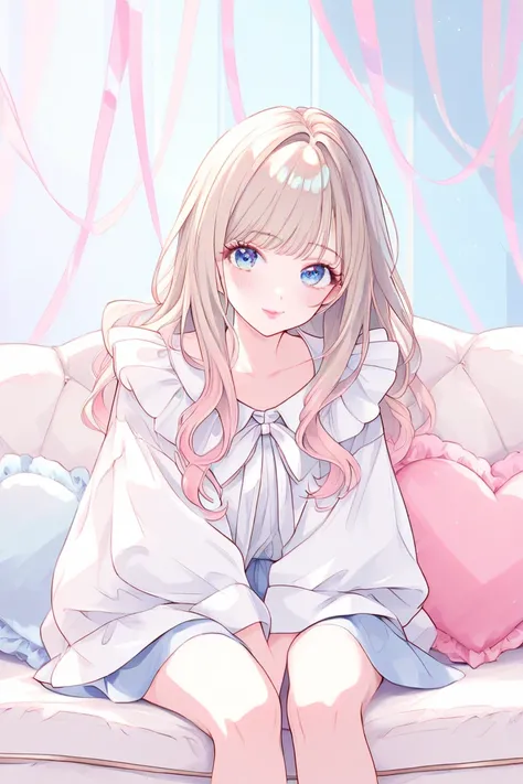 Cute girl、pastel colors、 white、watercolor、1 girl、 cute face 、 cute、Half Body、ribbons、sit on the sofa、heart cushion、beige hair、 bronze gradient hair、Blue Eyes、droopy eyes、eyelash、oversized white blouse、skirt、smile、pink cheeks、small lips、pink lips、 from afar...