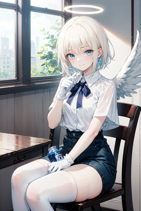  Very detailed ,    masterpiece  ,      is of the highest quality , ,     soft smiles , Smile gently,   Modern bedroom ， blue eyes,    long hair , blond,   bangs, Halo， white shirt， shorts 、 white stockings、 White Gloves 、ANGEL WINGS， sitting on a chair ， ...