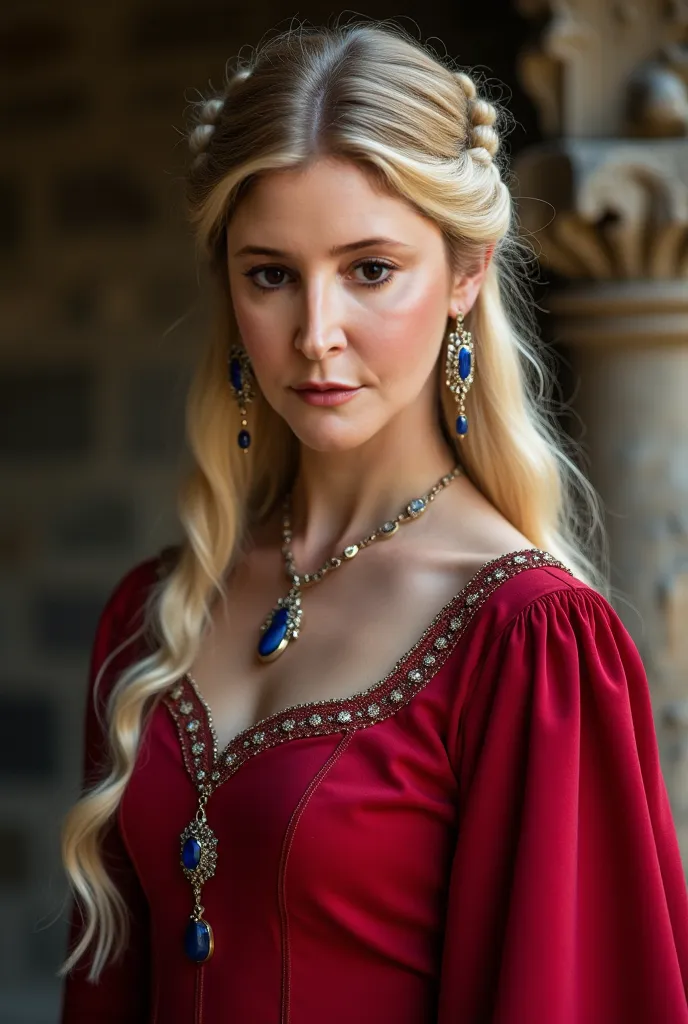 Create the image of a Countess, blonde,  35 years old, bela,  serious expression on the face, wearing a royal red dress, necklace with a blue ruby pendant,  medieval scenery in the background, Stone wall, close no rosto,