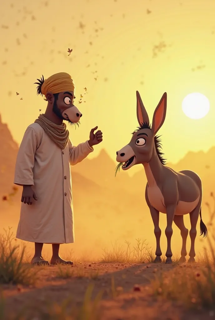 Farmer Confronts Donkey**  
*"An Ethiopian farmer in a white *gabi* (traditional cloak) stands angrily in front of a donkey wearing a torn *shamma* (scarf). The donkey is lazily chewing grass with exaggerated cheek movements, avoiding eye contact. The farm...