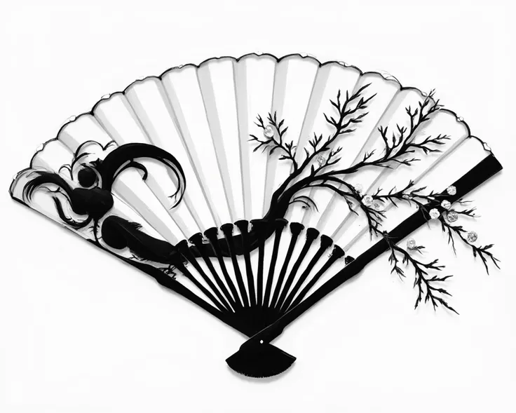 Create a black and white tattoo image of a Japanese fan with a cherry blossom branch drawn on it.