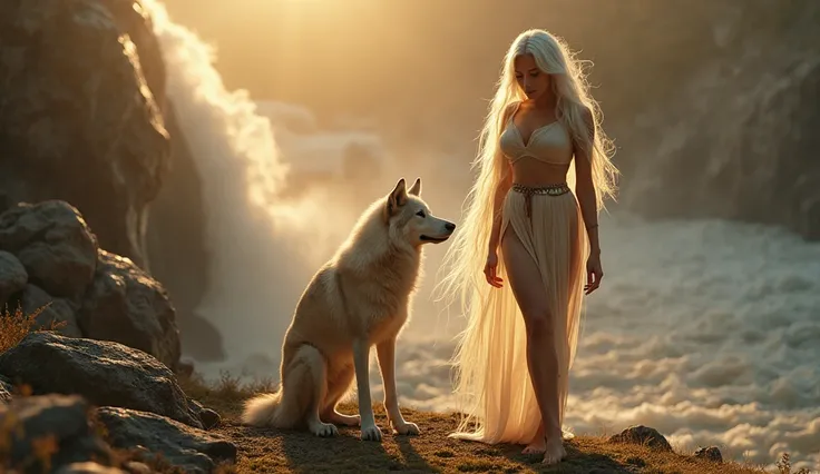  high definition image , Warm golden glow,  Intense and dramatic lighting . A beautiful woman with long flowing white hair, fair skin,  delicate features , gently touches her ankles.  totally naked, a sword wrapped around her waist. A wolf stands beside he...