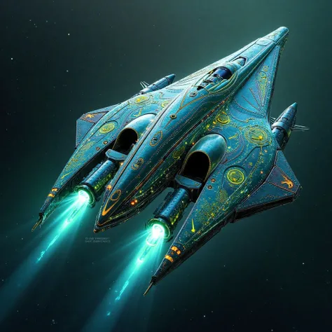 Extremely developed spaceship, with blue and green details and with energy propellers attached to the bottom of the ship. Beautiful and stylish structure of the ship