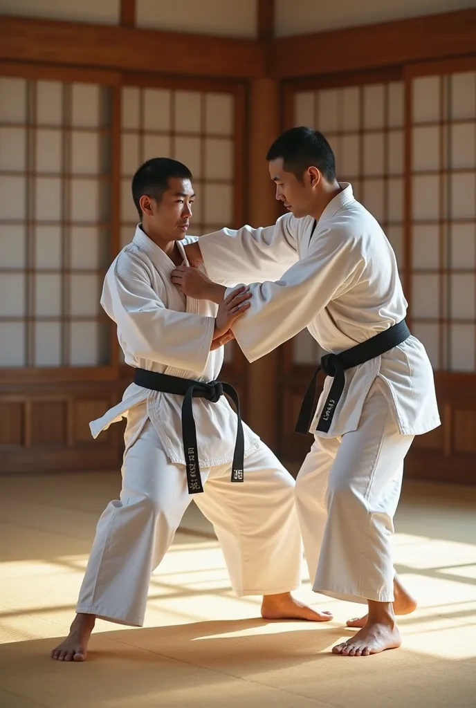 realistic aikido s practising throw each
 other in a great dojo 