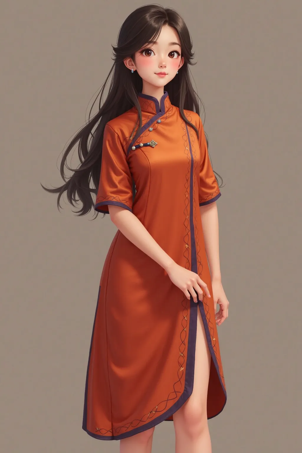 Woman in a simplified Chinese costume, The dress has a shiny feel, 3/4 long sleeve, plain dark color, front図, full body, front図, purple costume, Realistic woman,  red orange dress, front, 3/4 long dress, Red Orange Dress, Orange Costume, full body, front, ...